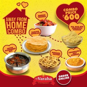 SriVarahaFoods 6 in 1 Away from home combo TirunelveliIdlipodi Karasev Vathakuzhambumix Mangopickle TomatoPapad Paruppupodi